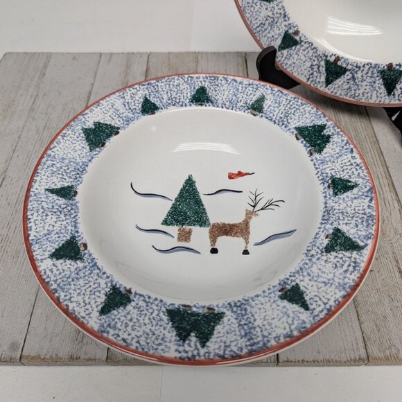 Hudson Bay 1999 Soup Cereal Bowls Set of 2 Vintage Sponge Paint Christmas Trees - Picture 2 of 6